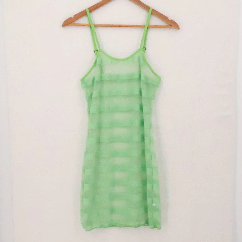 Sheer Striped Mesh Mini Slip Dress Womens Size S Festival Y2K Brat Green Stretch - Picture 1 of 8